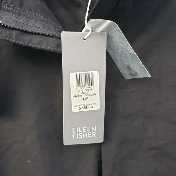 $228 Eileen Fisher Black LINEN Blend Straight Trouser Pants W/ Tab Petite Sz 12P